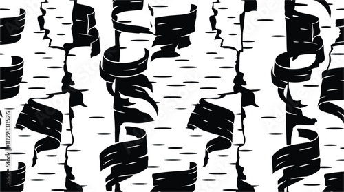 Seamless bark pattern. White birch tree trunks and curled birch bark textures.