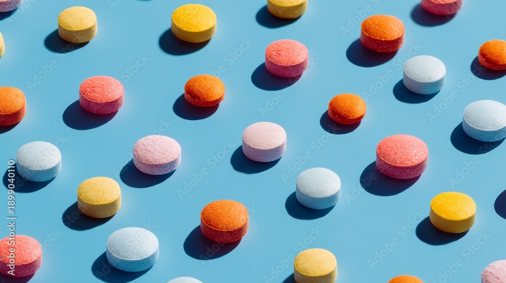 Fototapeta premium Scattered multicolored tablets on blue background create a clean and simple design for pharmaceutical use or product display in a modern setting