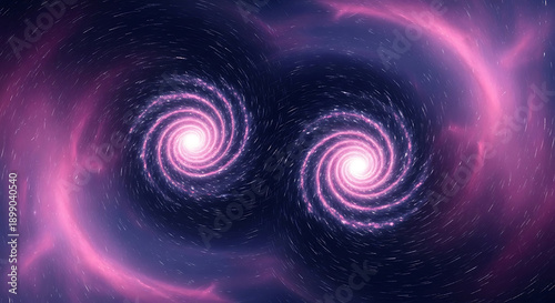 A pair of spiral galaxies collide in a cosmic dance, viewed from a distant perspective in the vast universe, capturing the essence of celestial bodies and astronomical events.