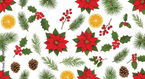 Festive botanical holiday pattern, Christmas foliage vector, poinsettia flowers, holly berries, pinecones, orange slices, seasonal decoration, white background