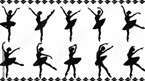 Elegant ballerinas in various dance poses with decorative border