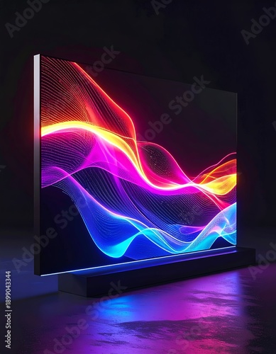 Sleek Television Displaying Vibrant Abstract Light Waves in a Dark Room.