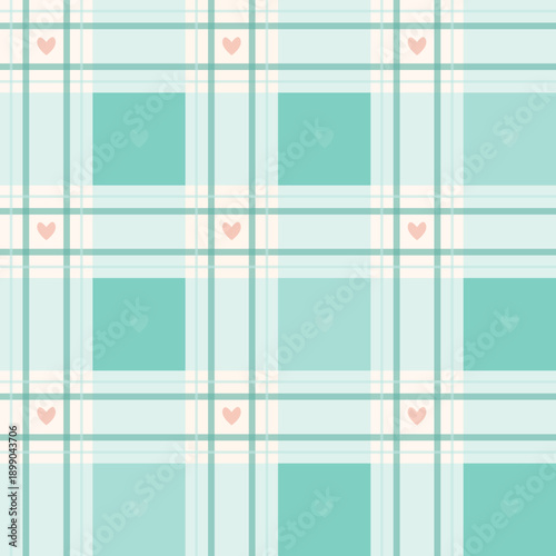 Valentine Seamless Background Pattern. Pastel Colored Plaid Pattern with Sweet Heart Symbol Background Fabric. Mint Edition.