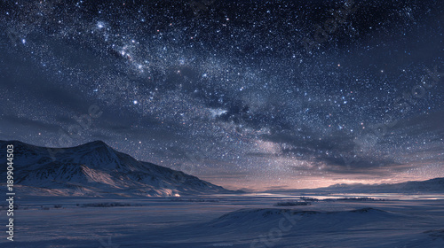 A breathtaking view of the starry night sky over the snow covered mountains, evoking a sense of wonder and awe. 