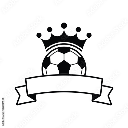 A striking black and white emblem depicts a regal crown positioned atop a classic soccer ball with a blank ribbon banner below.