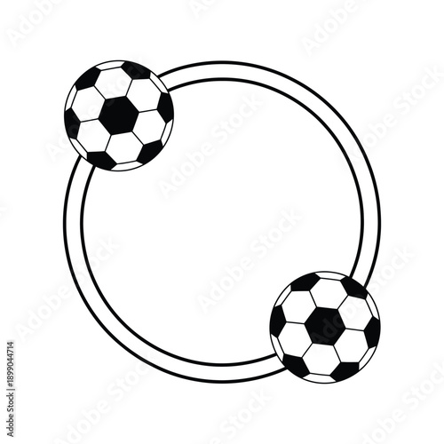 A black and white illustration depicts two soccer balls positioned alongside a large circular frame creating a sporty design high-quality professional detailed.