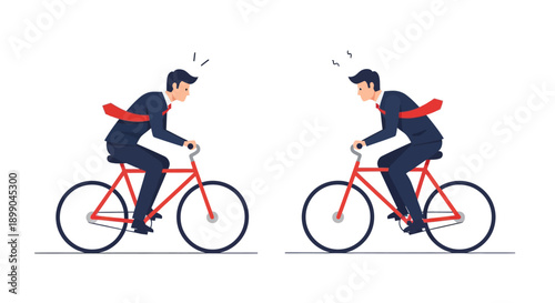 Business Competition and Rivalry: Two Opposing Businessmen Riding Bicycles in a Race.