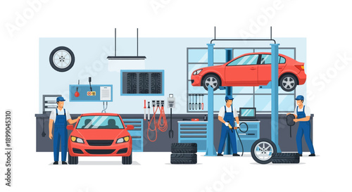Professional Auto Repair Service Garage. Mechanics Working on Vehicle Maintenance, Tire Changing, and Diagnostics on Hydraulic Lift.