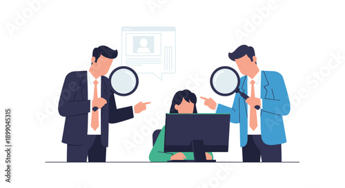 Business Scrutiny and Investigation: Two managers with magnifying glasses monitoring female employee data on a computer. Corporate surveillance, strict HR review, and micromanagement vector.