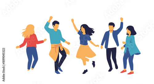 Energetic Group of Young People Dancing and Celebrating. Flat Vector Illustration of Happy Friends at a Party or Social Event.