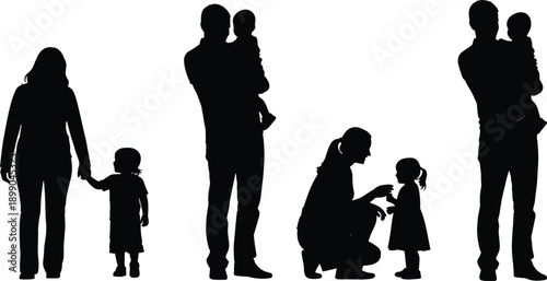 Family,silhouette,parents,children,care,love,parenthood,bonding,mother,father,kids,relationships,people,figures,black,vector,illustration,isolated,white,background