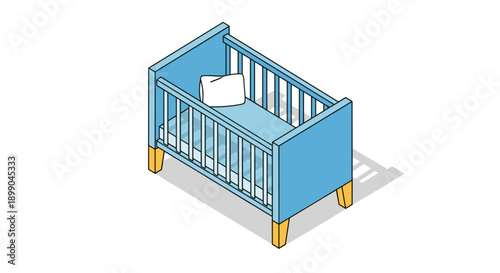 Blue Baby Crib with White Pillow Inside.
