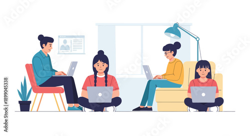 Remote Team Working Online: Group of Young Professionals Collaborating from Home on Laptops. WFH, Digital Nomads, E-learning Vector Illustration.