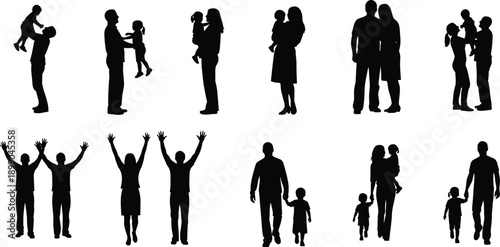 Family,silhouette,parents,children,poses,collection,love,care,parenthood,bonding,happy,people,figures,black,vector,illustration,isolated,white,background,concept