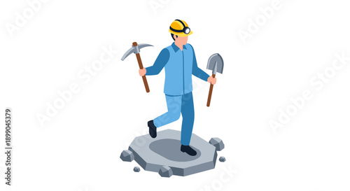 Cartoon Miner with Pickaxe and Shovel.