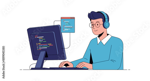 Professional Programmer Coding on Desktop PC. Young Developer Wearing Headphones Working on Software Development and Web Design Illustration.