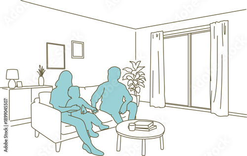 リビングで家族団らんのシルエットイメージイラスト