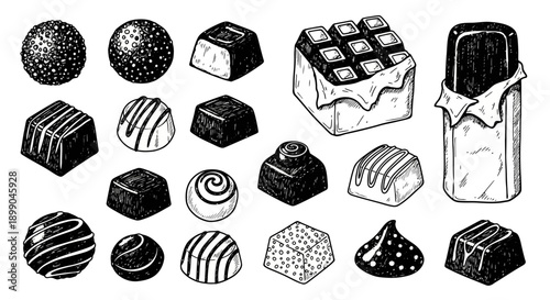 Hand-drawn sketch illustration of various chocolate candies and bars, including truffles, pralines, and wrapped chocolate, in black and white.
