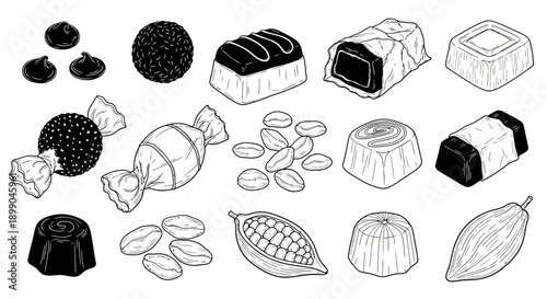A collection of hand-drawn chocolate candies, truffles, cocoa beans, and pods in a detailed line art style.