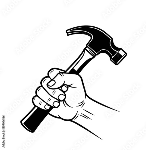 A strong hand firmly gripping a claw hammer, ready for work or construction, in a black and white illustration style.