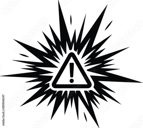 Black warning sign icon with exclamation mark, explosive burst, isolated on transparent background