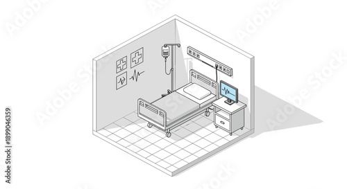 Isometric Hospital Room with Medical Equipment.