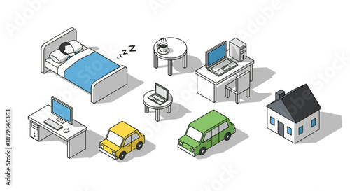 Isometric Illustration of Home Office and Daily Life.