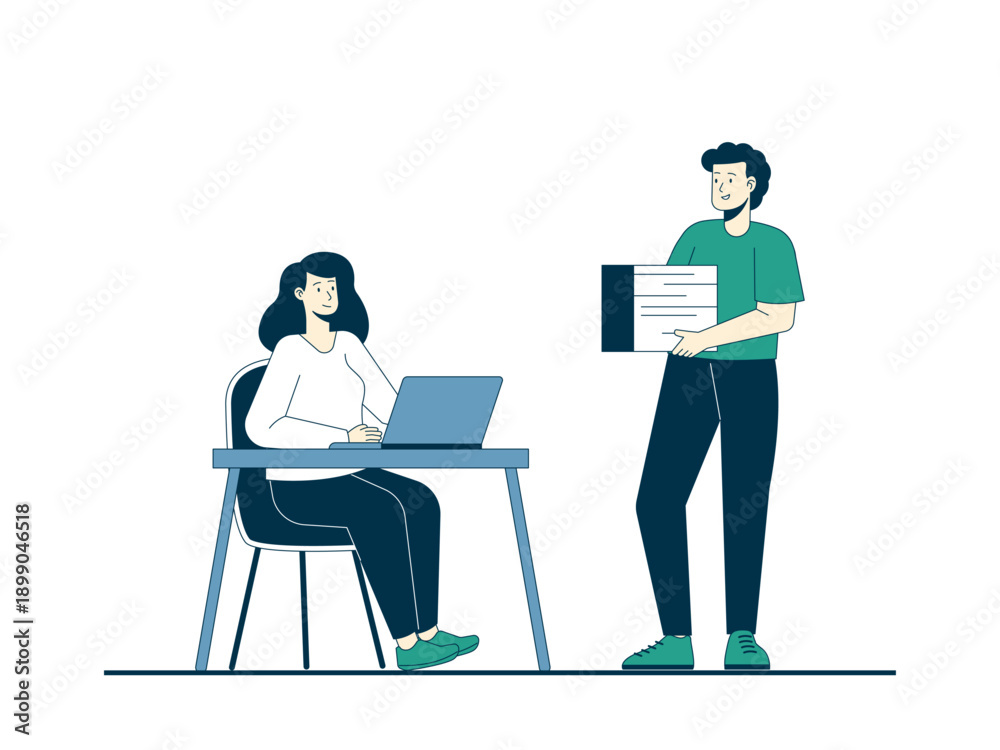 custom made wallpaper toronto digitalA man stands holding a folder or document giving a project or assignment to a female intern. Internship illustrations. Flat vector concepts.