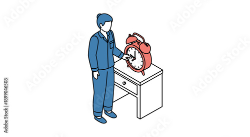 Man in uniform setting alarm clock.