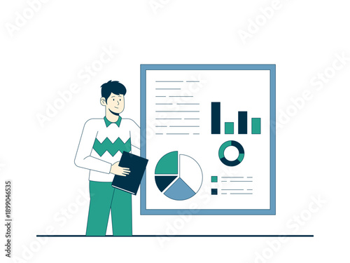 A young man holding a clipboard, standing next to a large display board filled with various data visualization elements. Internship illustrations. Flat vector concepts.