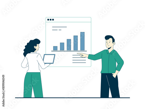 Two business colleagues analyzing growth charts and strategy together. Internship illustrations. Flat vector concepts.