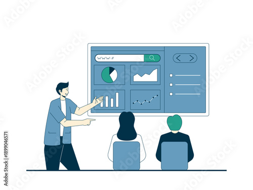 A man stands and points to a large digital whiteboard, relaying information to his two seated colleagues. Internship illustrations. Flat vector concepts.