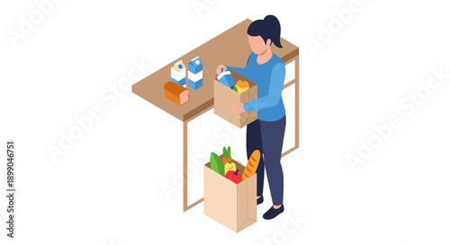 Man Unpacking Grocery Bag at Table.