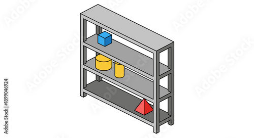 Metal Shelving Unit with Colored Containers.
