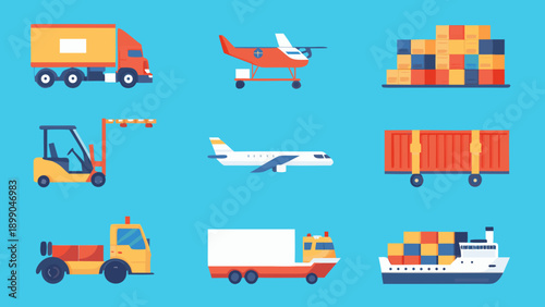 Various modes of transportation and cargo containers in flat vector style