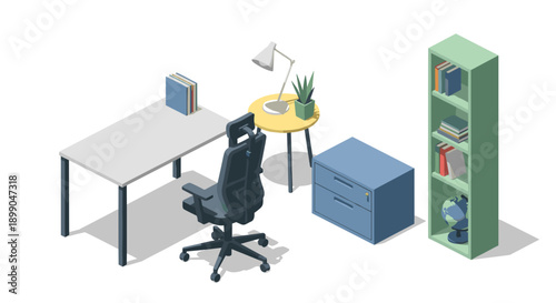 Office Desk and Chair with Storage Units.