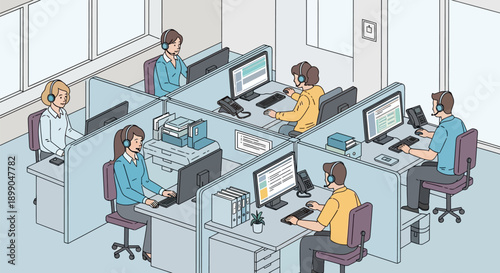 Isometric Call Center Agents Working in Office Cubicles. Customer Service, Technical Support Team with Headsets.