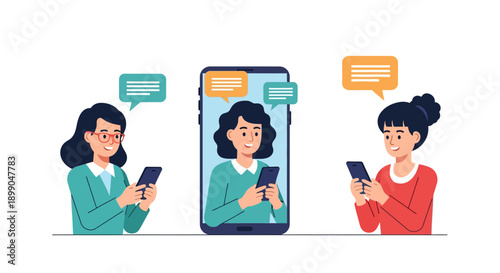 Mobile Chat and Video Call: Three Women Communicating Online via Smartphone. Digital Networking, Instant Messaging, and Social Connection Illustration.