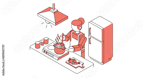 Woman Cooking in Modern Kitchen Illustration.