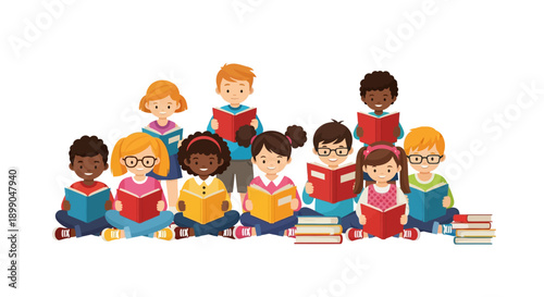 Group of Diverse Kids Reading Books: Happy Multicultural School Children Learning, Literacy Education Vector Illustration.