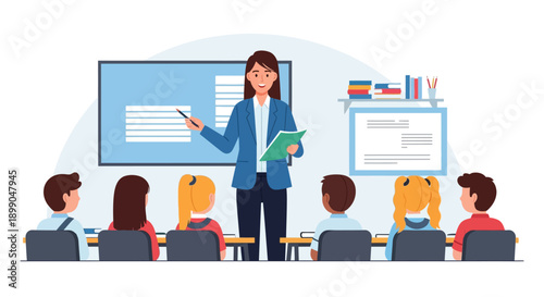 Primary School Teacher Giving a Lesson to Students. Classroom Education and Learning Presentation Vector Illustration.