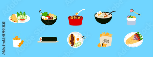 Set of 10 Asian street food illustrations packs. Flat vector concepts.