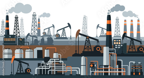 Oil refinery industrial landscape with pumpjacks and smokestacks