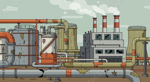 Industrial factory with smoke stacks and pipes