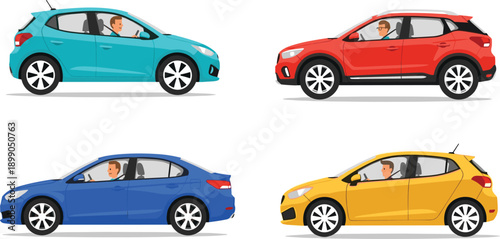 Colorful, compact, cars, illustration, set, modern, hatchback, and, sedan, vehicles, side, view, drivers, inside, flat, vector, transportation, design, collection, isolated