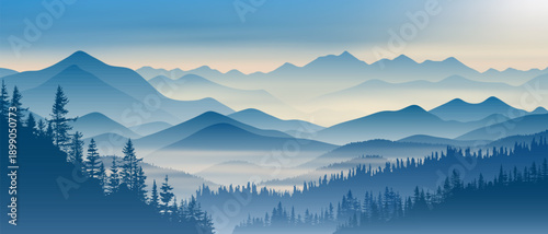 Sunrise in the mountains, misty silhouettes of ridges, panoramic view, vector illustration