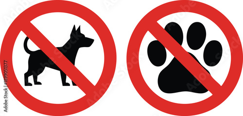 No Dogs Allowed and No Pets Prohibitive Signage Set, Monochrome Animal Prohibition Icons with Red Slash Circle, vector, illustration, silhouette.