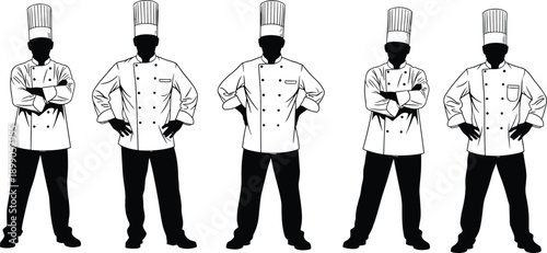 Chef, silhouettes, illustration, set, professional, cooks, uniform, hat, kitchen, restaurant, culinary, staff, black, isolated, figures, standing, poses, food, service, concept