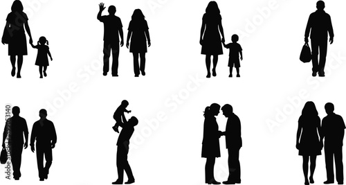 Family relationship silhouettes showing parents, children, couples, walking, waving, carrying baby, love, bonding, daily life, togetherness, black illustration