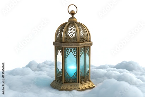 a beautiful ornate golden lantern with glowing blue light inside, intricate patterns, floating on a soft cloud, magical atmosphere, isolated on white.